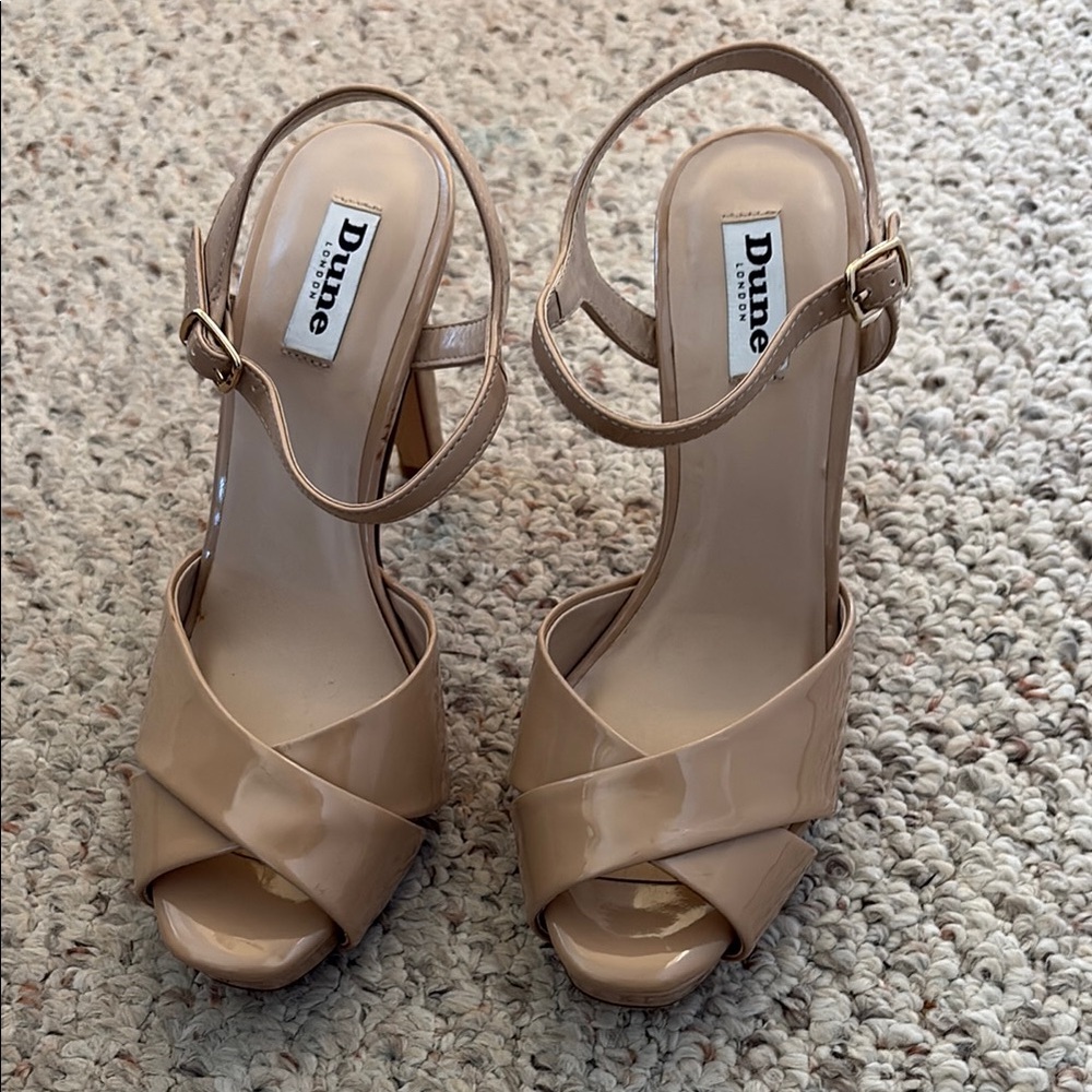 Dune London Nude Patent Heeled Sandals Old Money Chic Formal